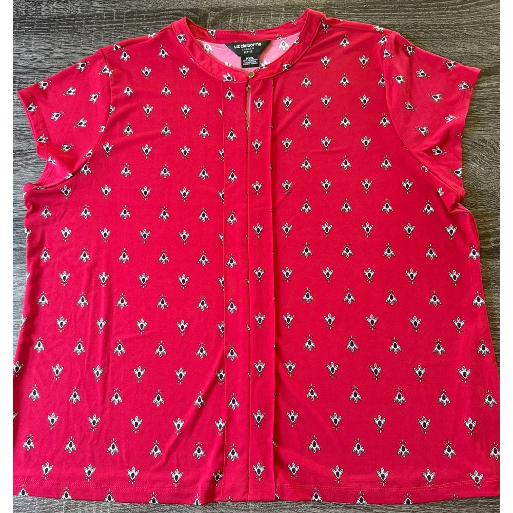 Liz Claiborne Career Petite PXXL Red Geometric Print Cap Sleeve Keyhole Blouse